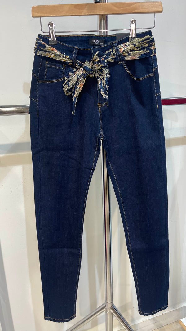 Jessie - Dark Denim Scarf Belt Stretch Denims