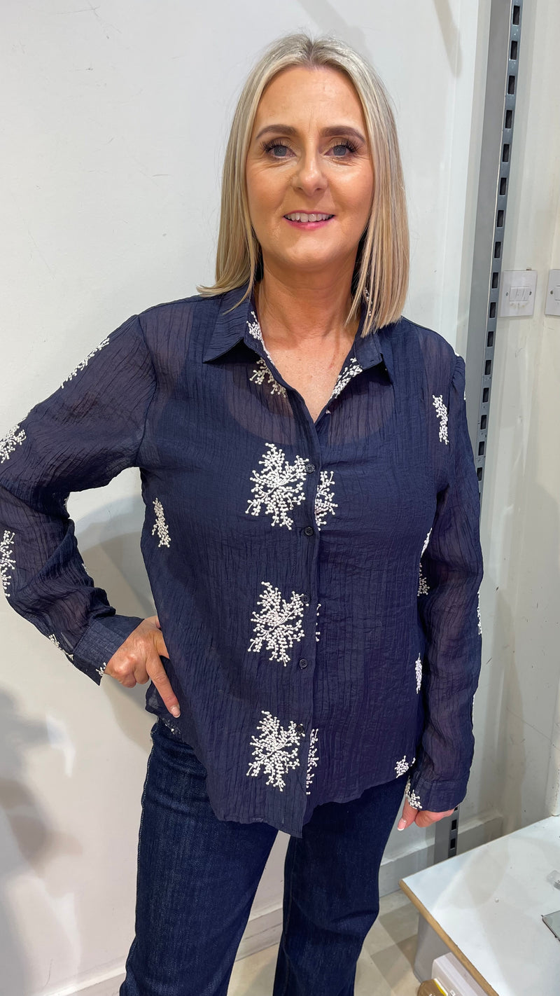 Luca - Navy Embroidery Top