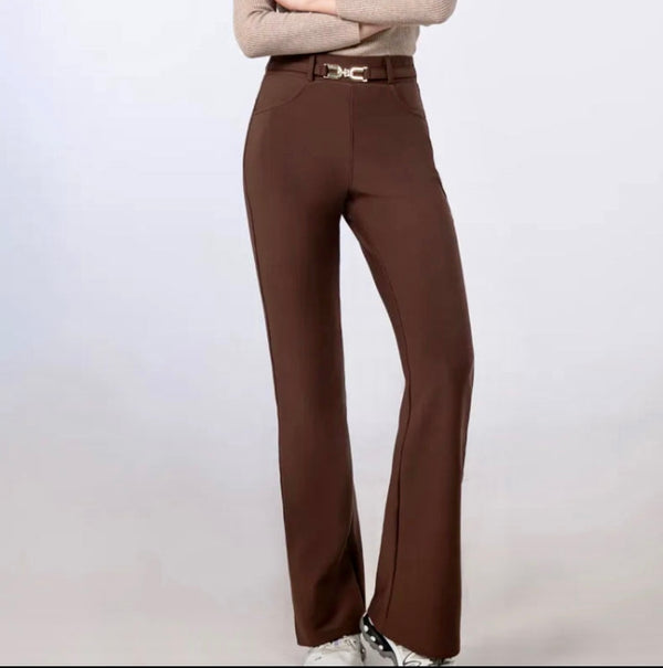 Jill - Brown Buckle Stretch Bootcut Trousers