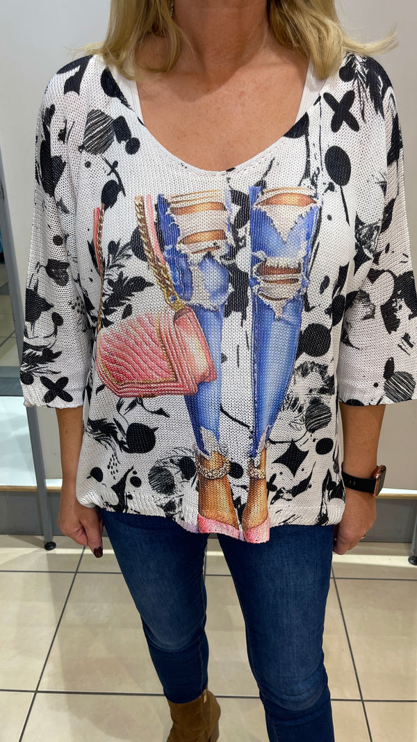 Freda - Jeans & Pink Bag Print Fine Knit Top