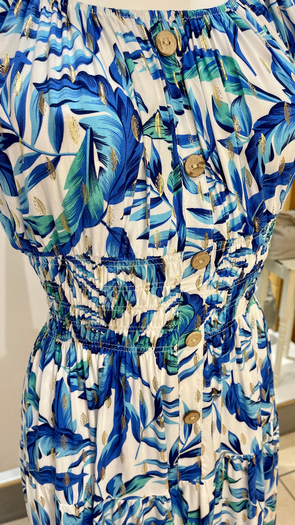 Trudie - Blue Tropical Print Button Midi Dress