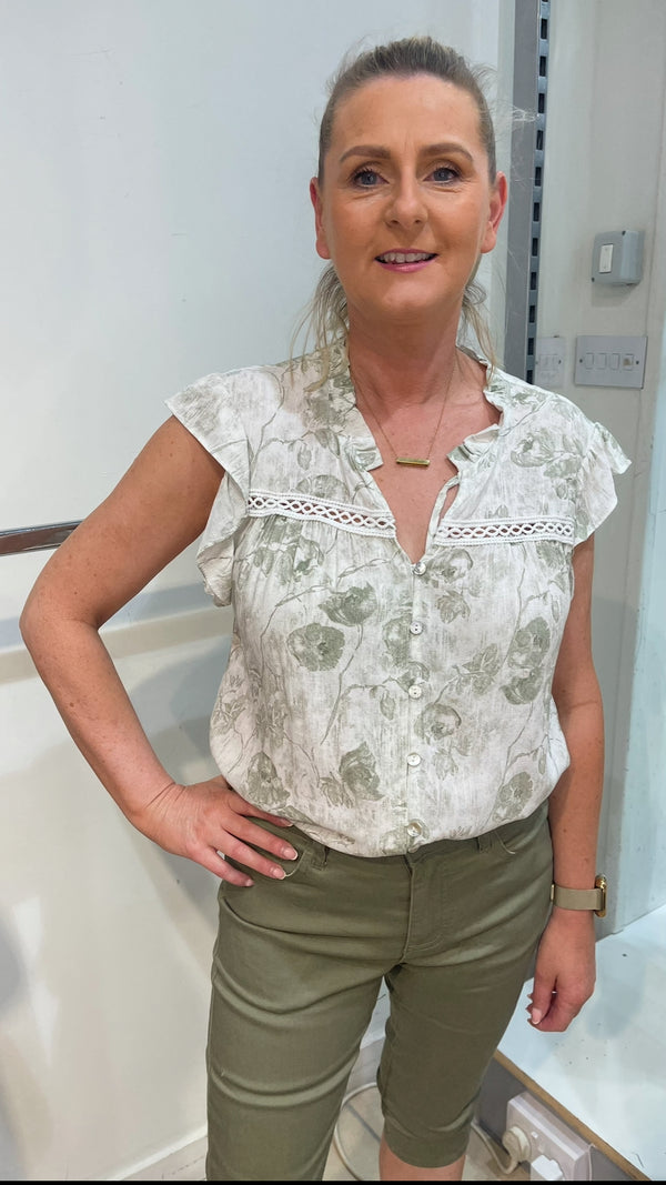 Katie - Khaki Print Crochet Trim Tie detail Top