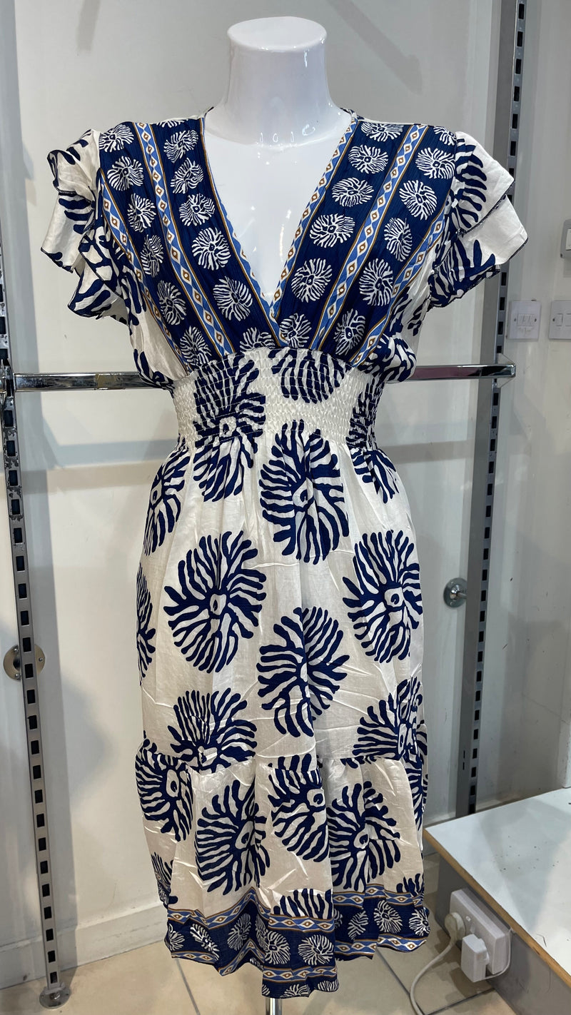Madison -Navy/Cream Print Elastic Waist Midi Dress