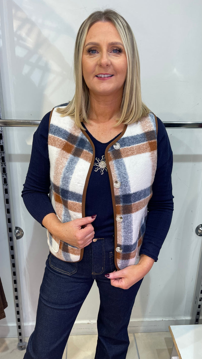 Pam - Tan/Navy Check Button Waistcoat