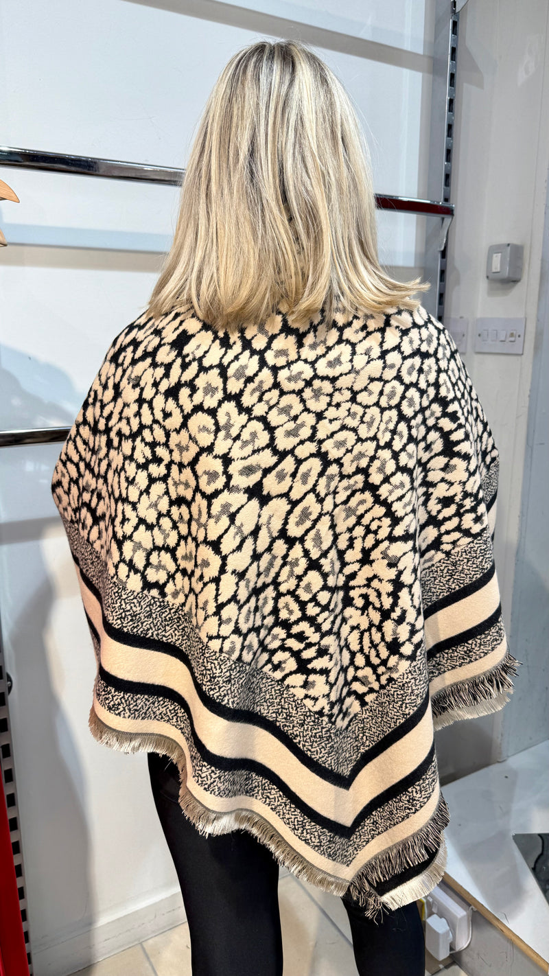 Terry - Black/Beige Leopard Border Shawl/Scarf
