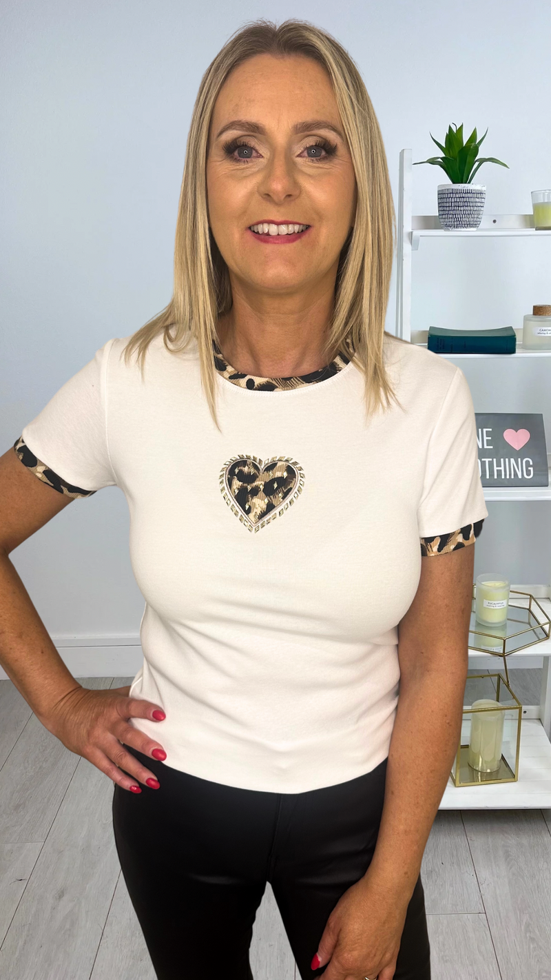 Joey - White Leopard Heart Tee