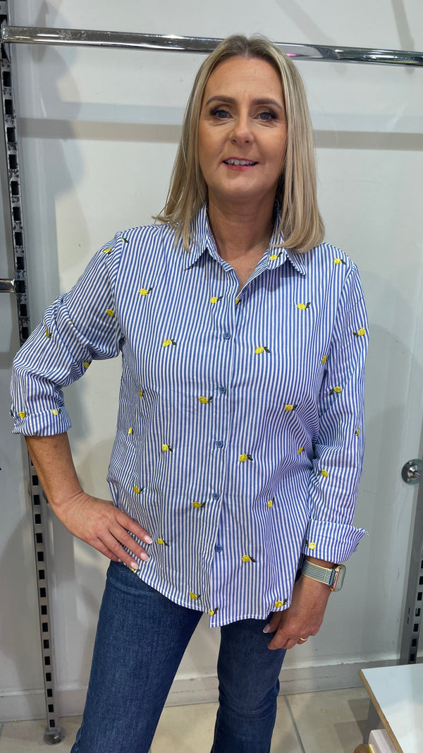 Lucy - Blue Stripe Lemon Embroidery Top