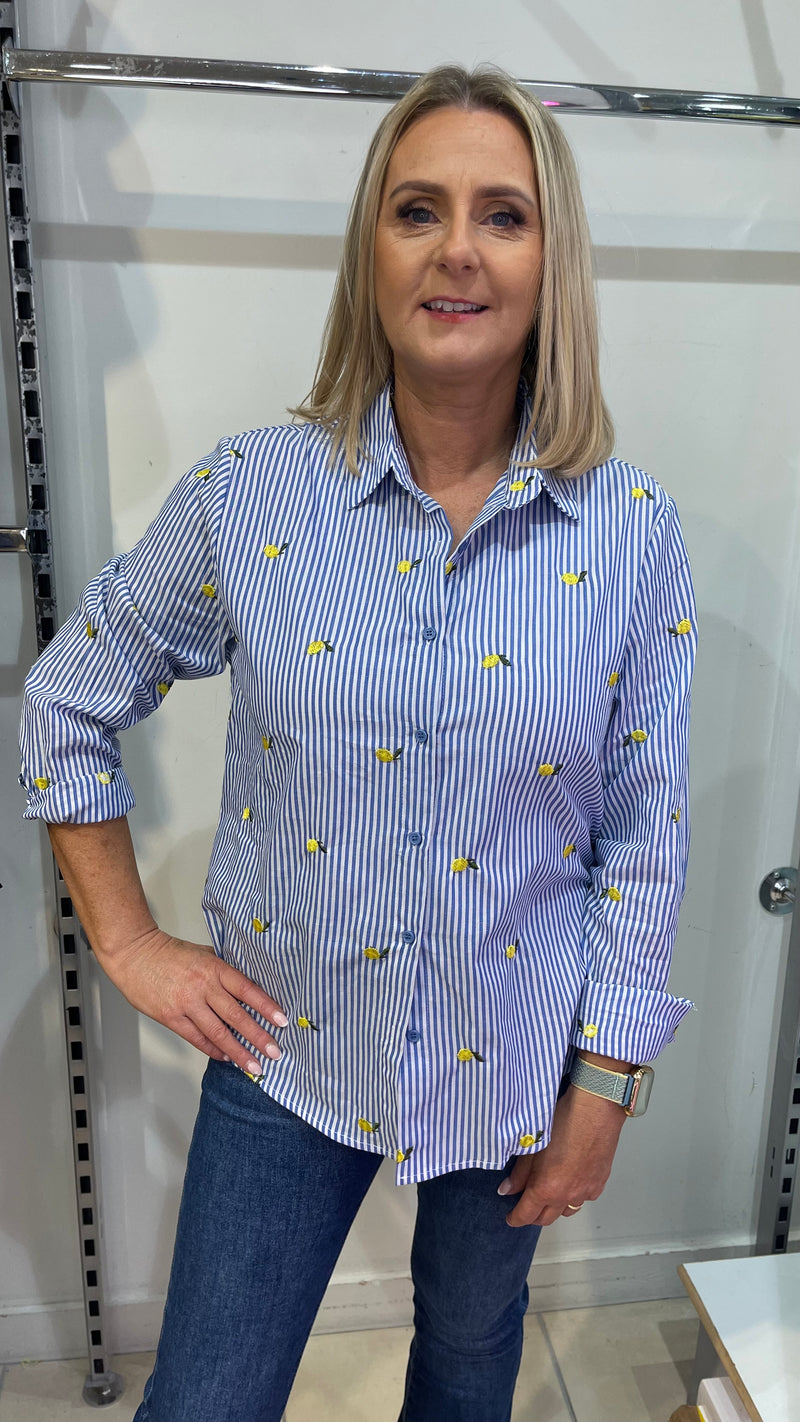 Lucy - Blue Stripe Lemon Embroidery Top