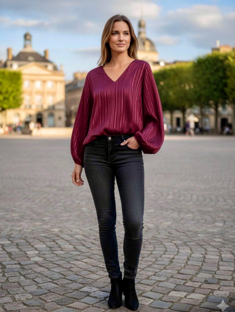 Laura - Wine Lurex V Neck Bubble hem Top