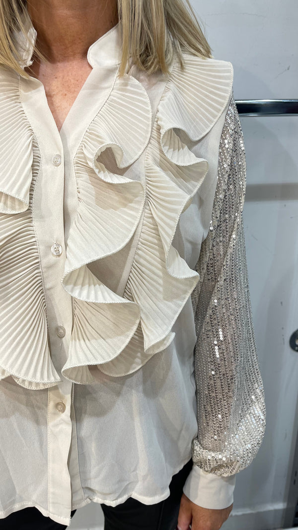 Olivia - Beige Ruffle Sequin Sleeve Blouse
