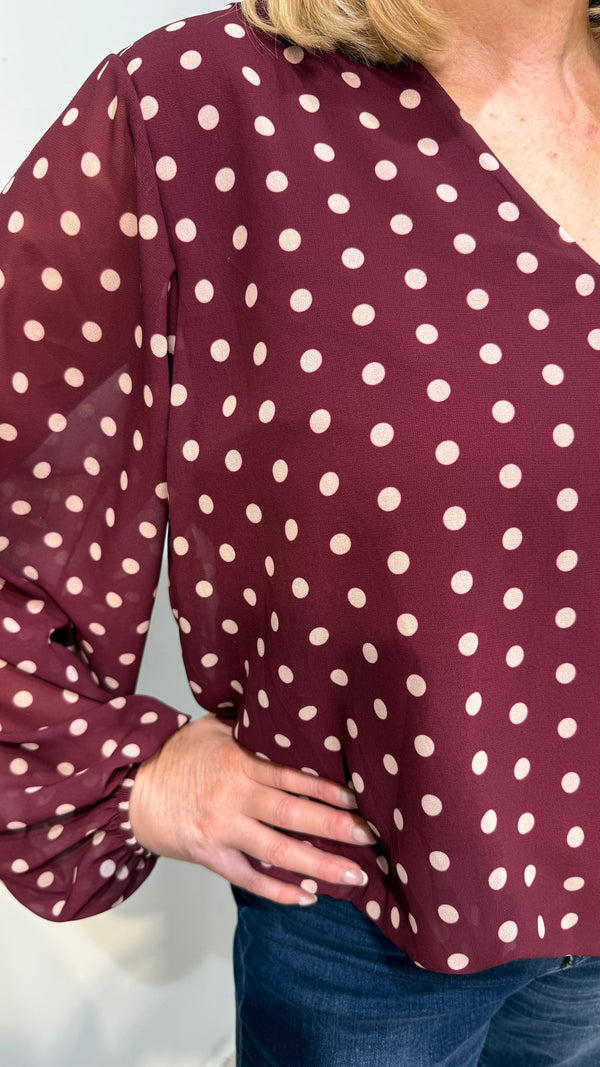 Naomi - Wine Polka Print Lined bubble Hem top