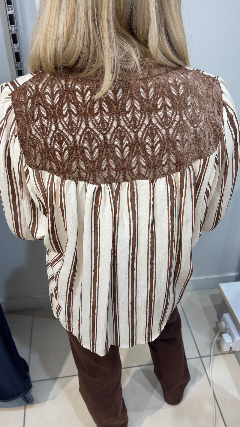 Blaithin - Cream/Brown Stripe Crochet Back Blouse