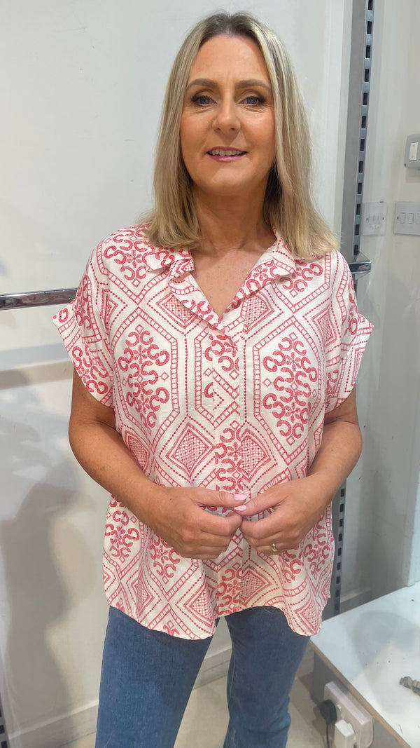Joyce - Embroidery Print Blouse Red
