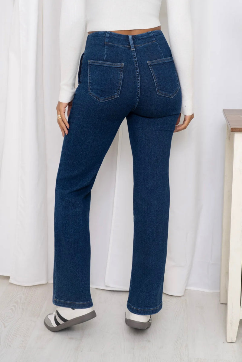 Gina - Blue Denim Stretch Button Tab Denims