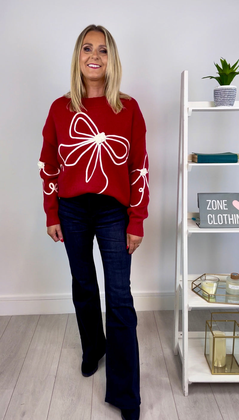 Sara - Red Knit Jumper with Embroidery Detail