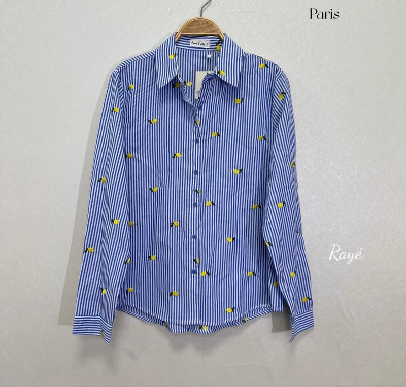Lucy - Blue Stripe Lemon Embroidery Top