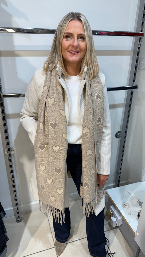 Hattie - Beige Heart Print Scarf