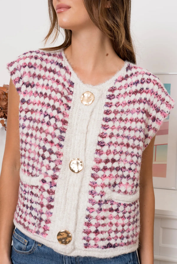 Jamie - Pink/Cream Button Sleeveless Chunky Knit