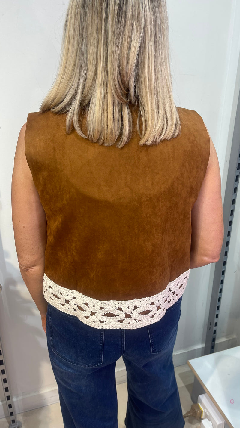 Zack - Tan Suede Look Crochet Waistcoat