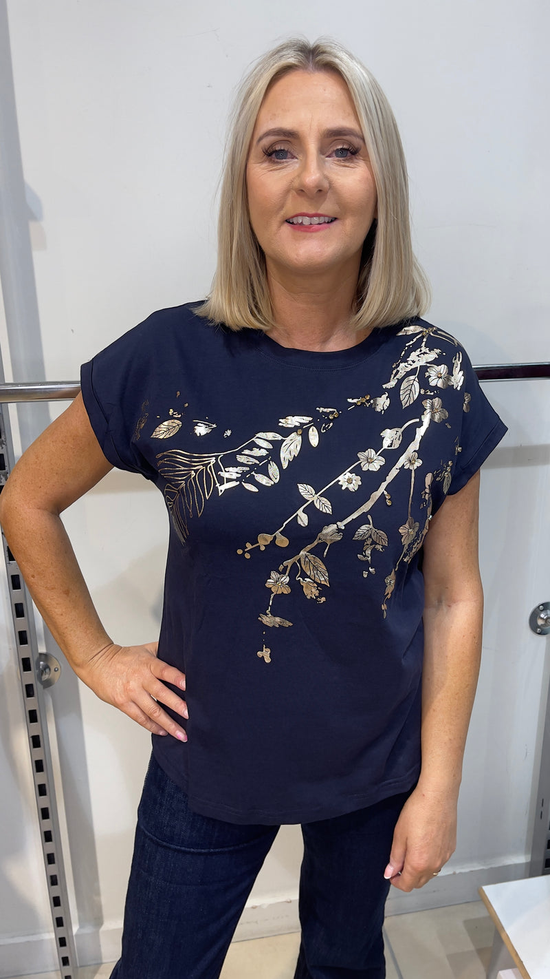 Liv - Navy Gold Foil Diamente T-Shirt