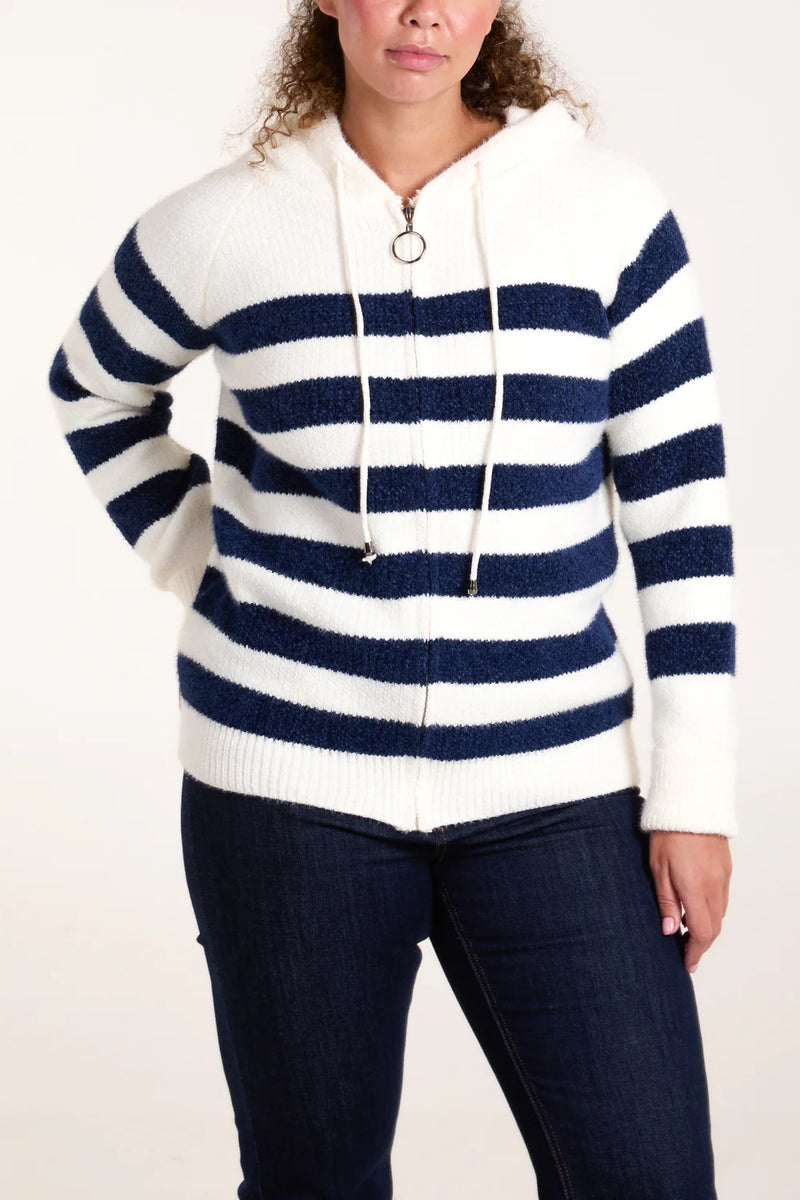 Abbie - Navy/Cream Zipped Hooded Knit