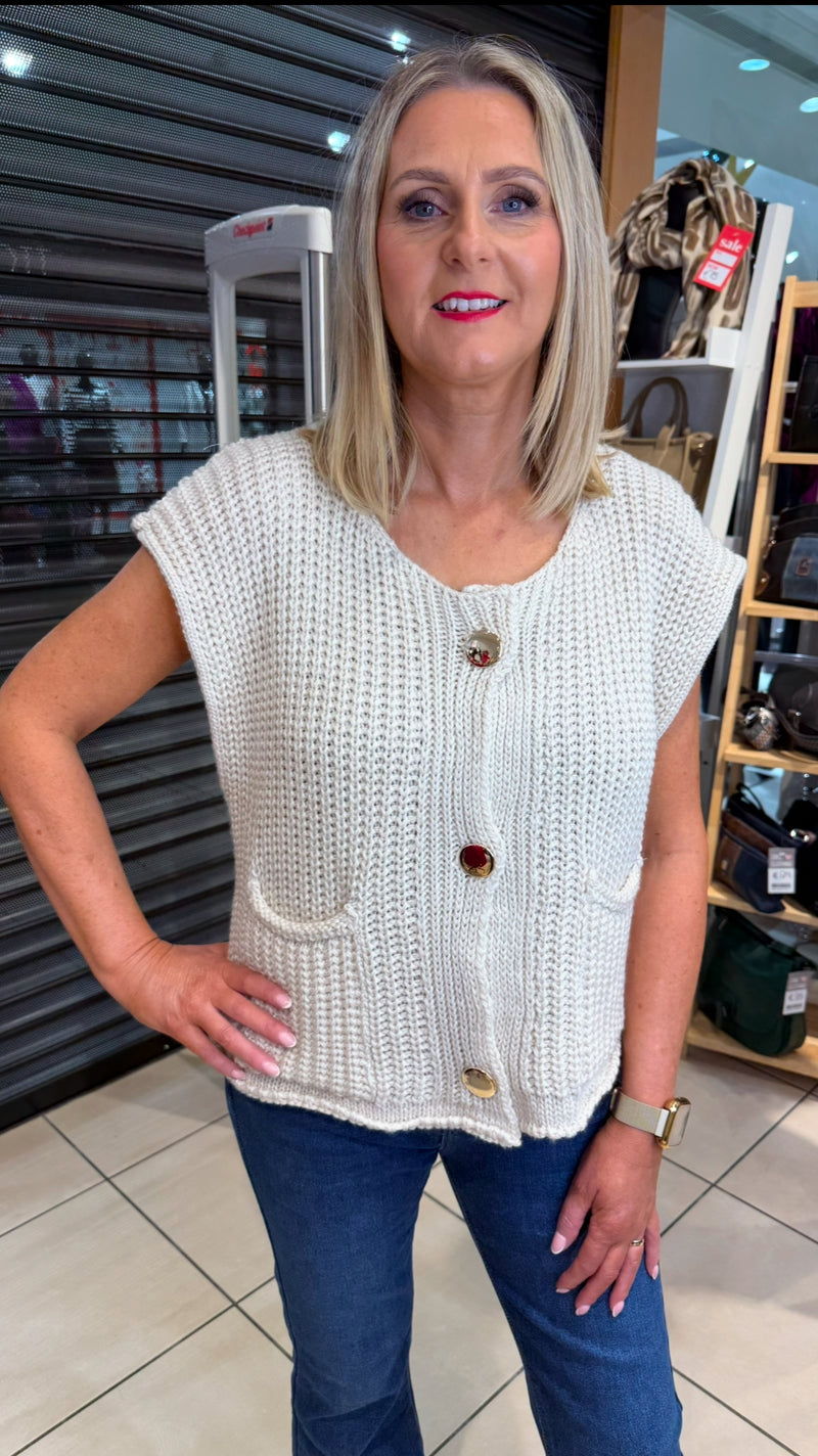 Josie - Cream chunky Knit Gold button Pocket Tank