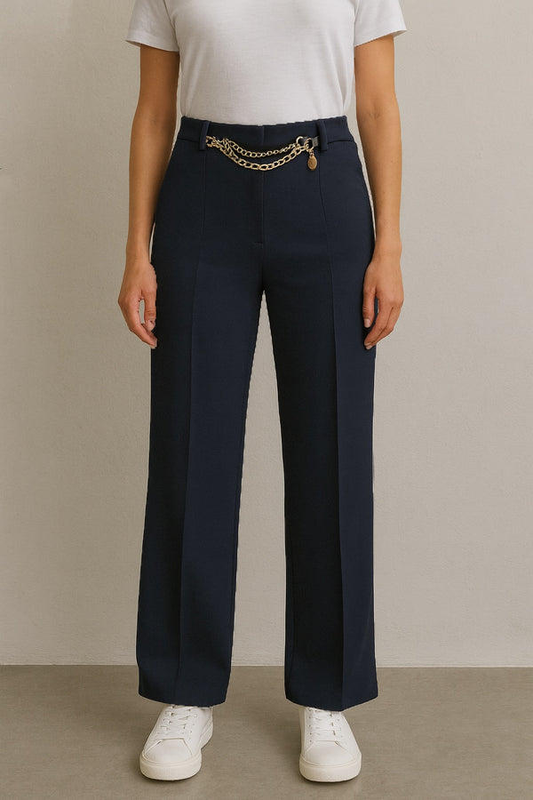 Tina - Navy Chain Stretch Seam Trousers