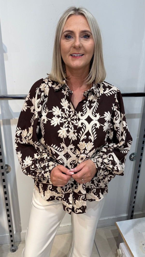 Frankie - Brown/Beige Print Balloon Sleeve Top