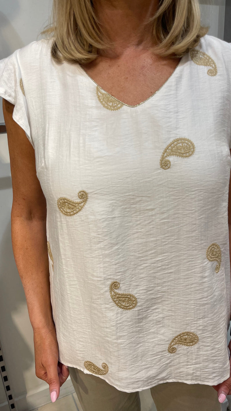 Kelda - White Paisley Embroidered Top