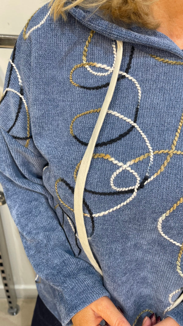 Kate - Denim Blue  Embroidery look hoodie
