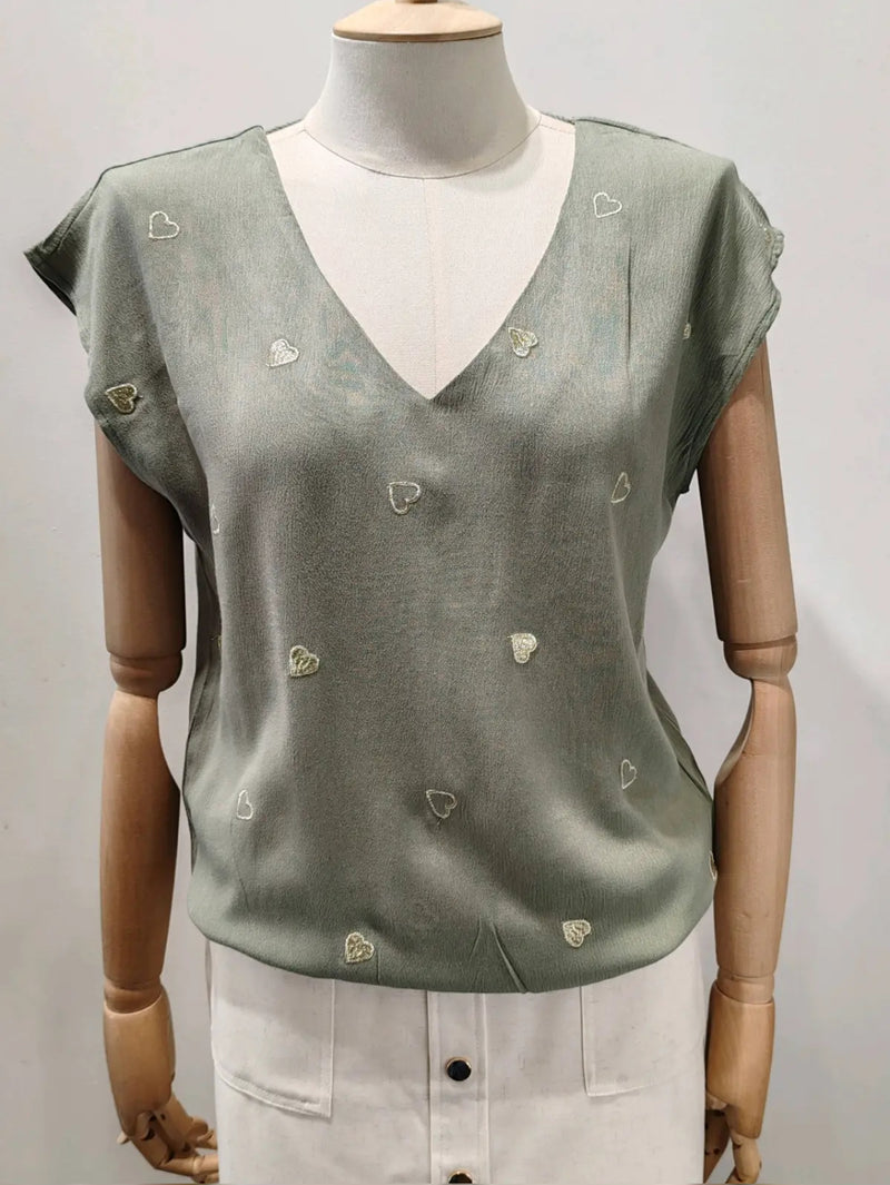 Zoe - Khaki Heart Embroidery Top