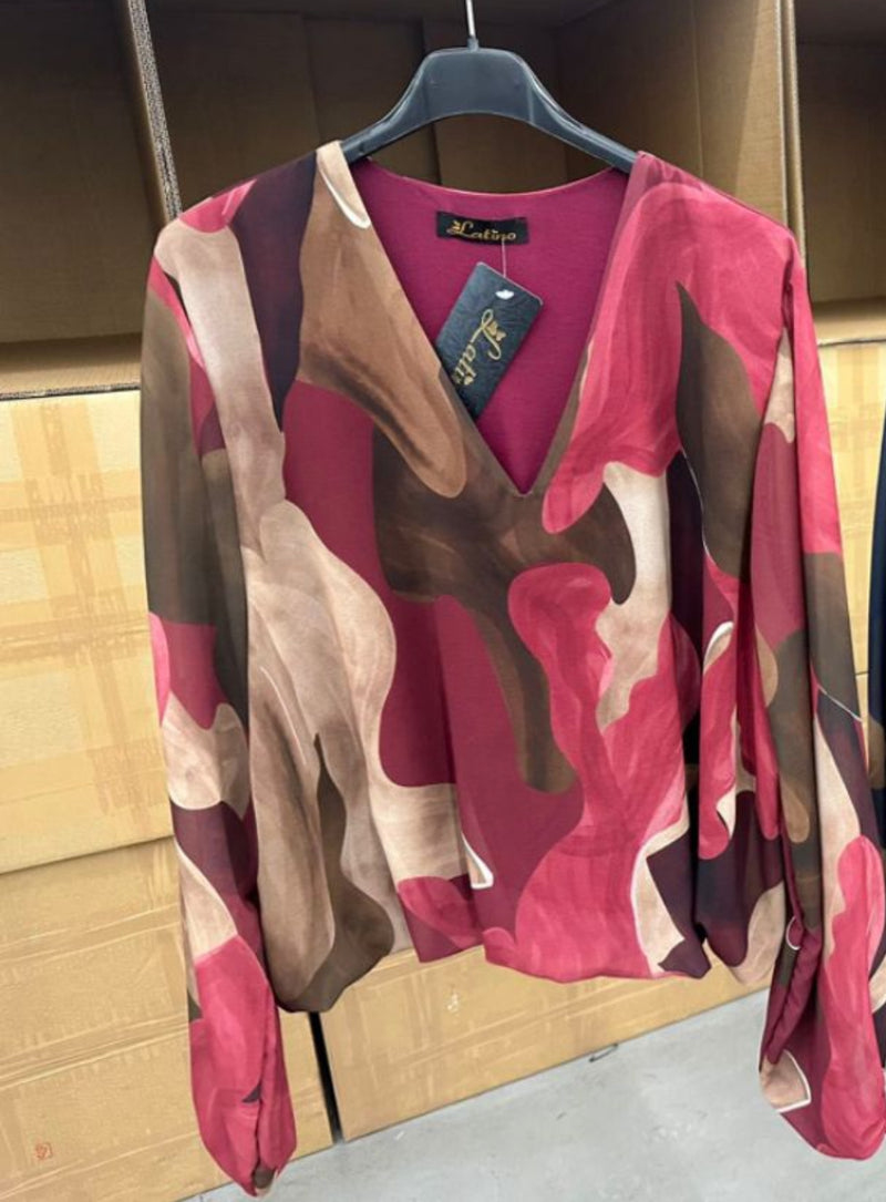 Naomi - Wine /Beige Print  Lined bubble Hem top