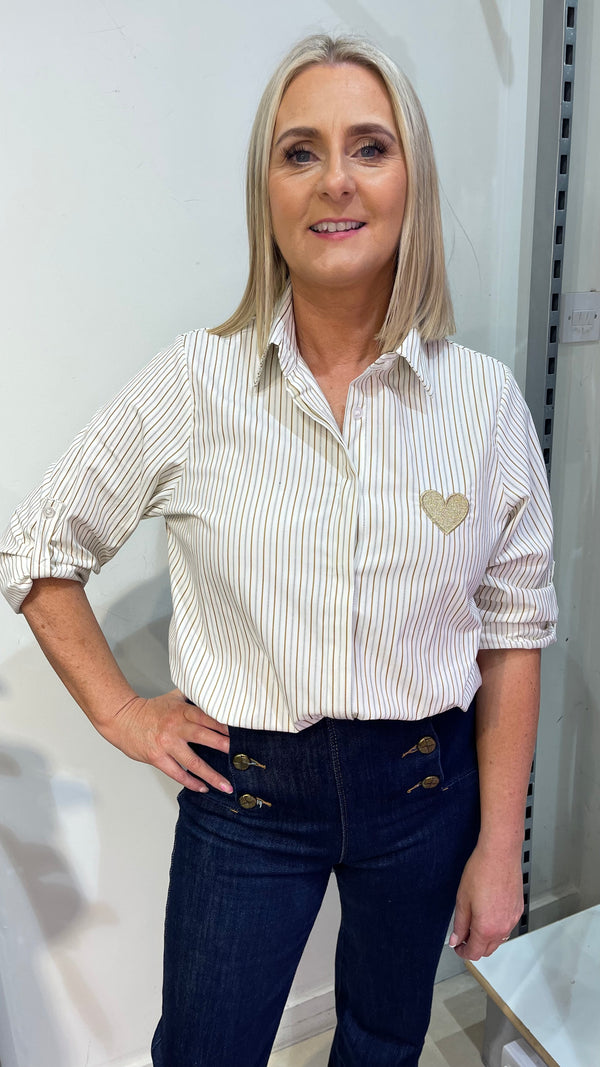 Polly - Camel Stripe Heart Logo Shirt