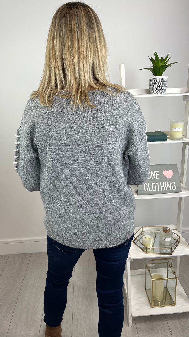 Josie - Grey Bow V Neck Knit