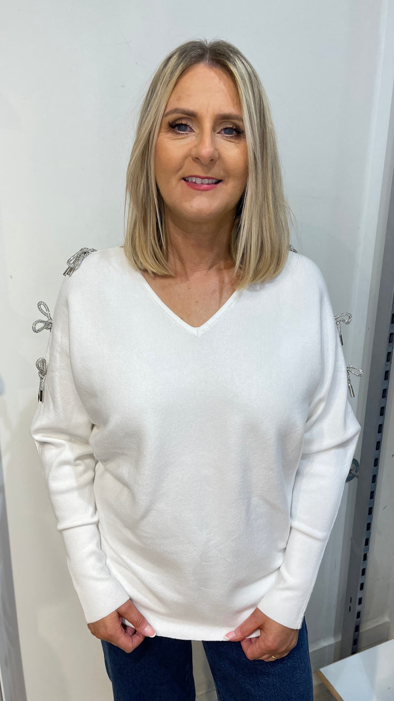 Evie - White Diamonte Sleeve Knit