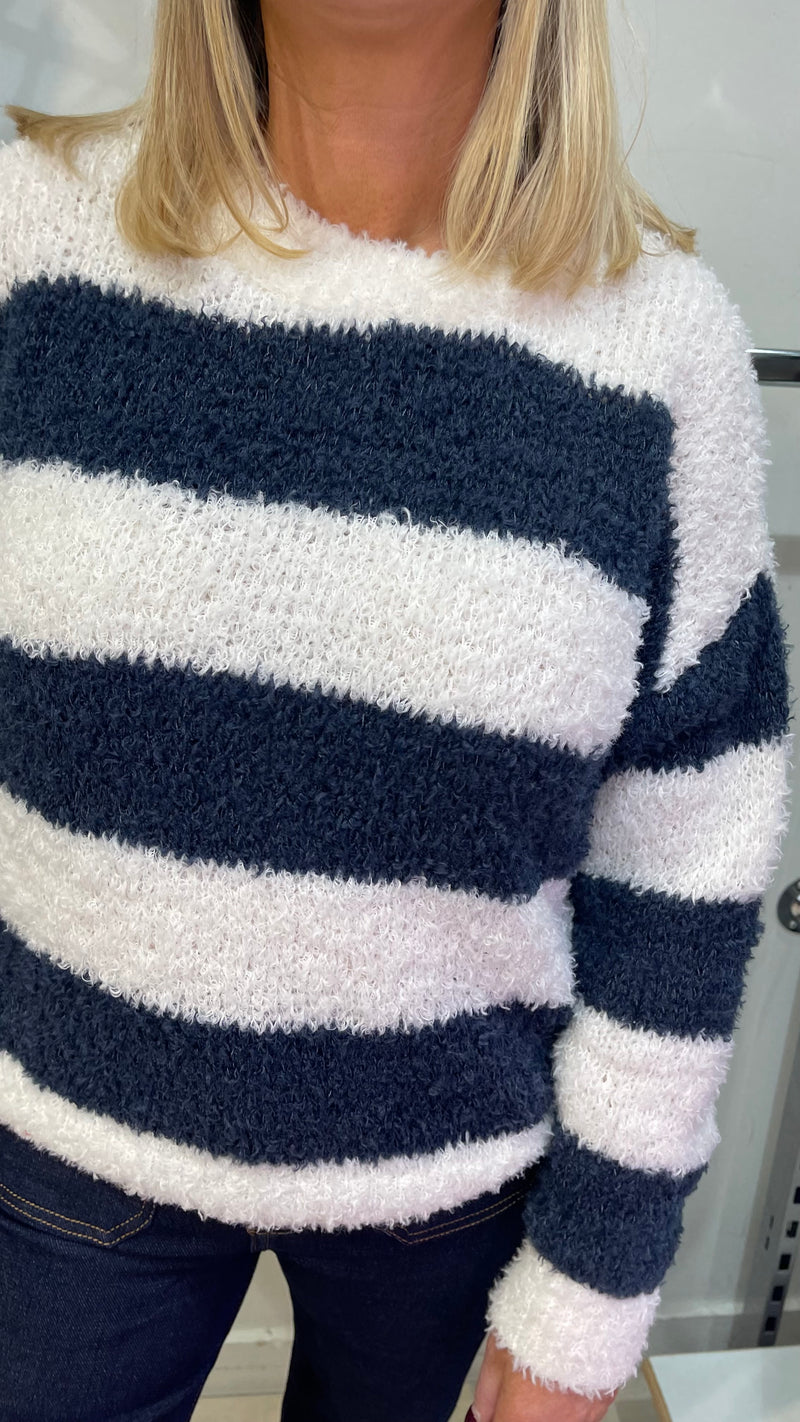 Millie- Blue/Cream Stripe Fluffy Knit Jumper