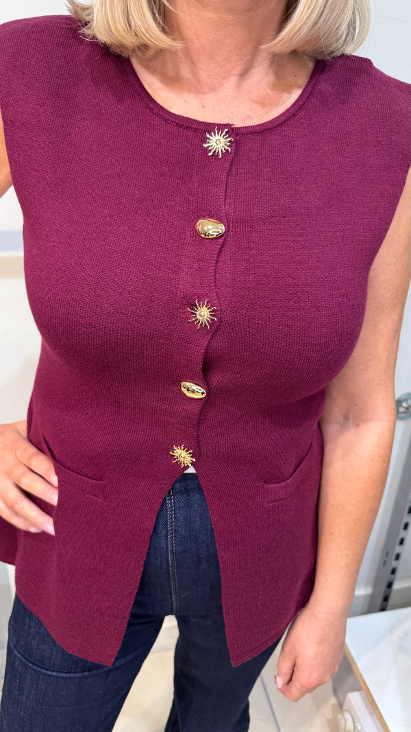 Benny - Wine multi Gold Button Waistcoat