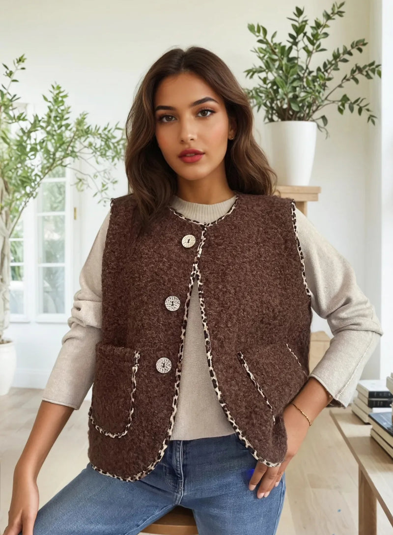Milan - Brown Fuzzy Leopard Trim Waistcoat