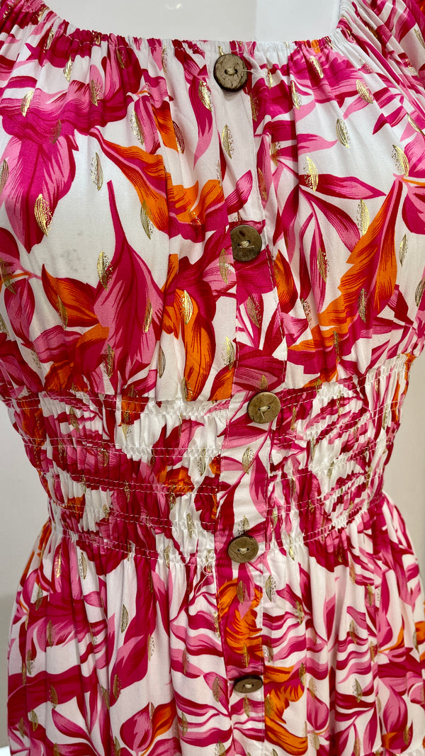 Trudie -  Pink/White Tropical Print Button Midi Dress