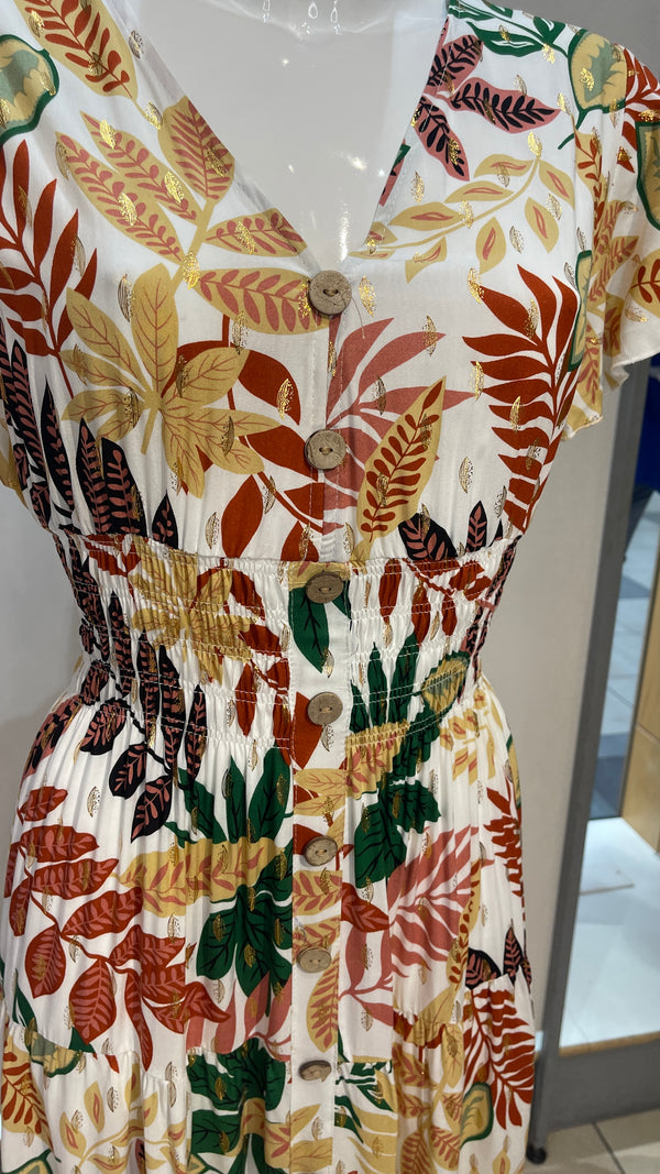 Mona - Cream Tropical print V Neck maxi Dress
