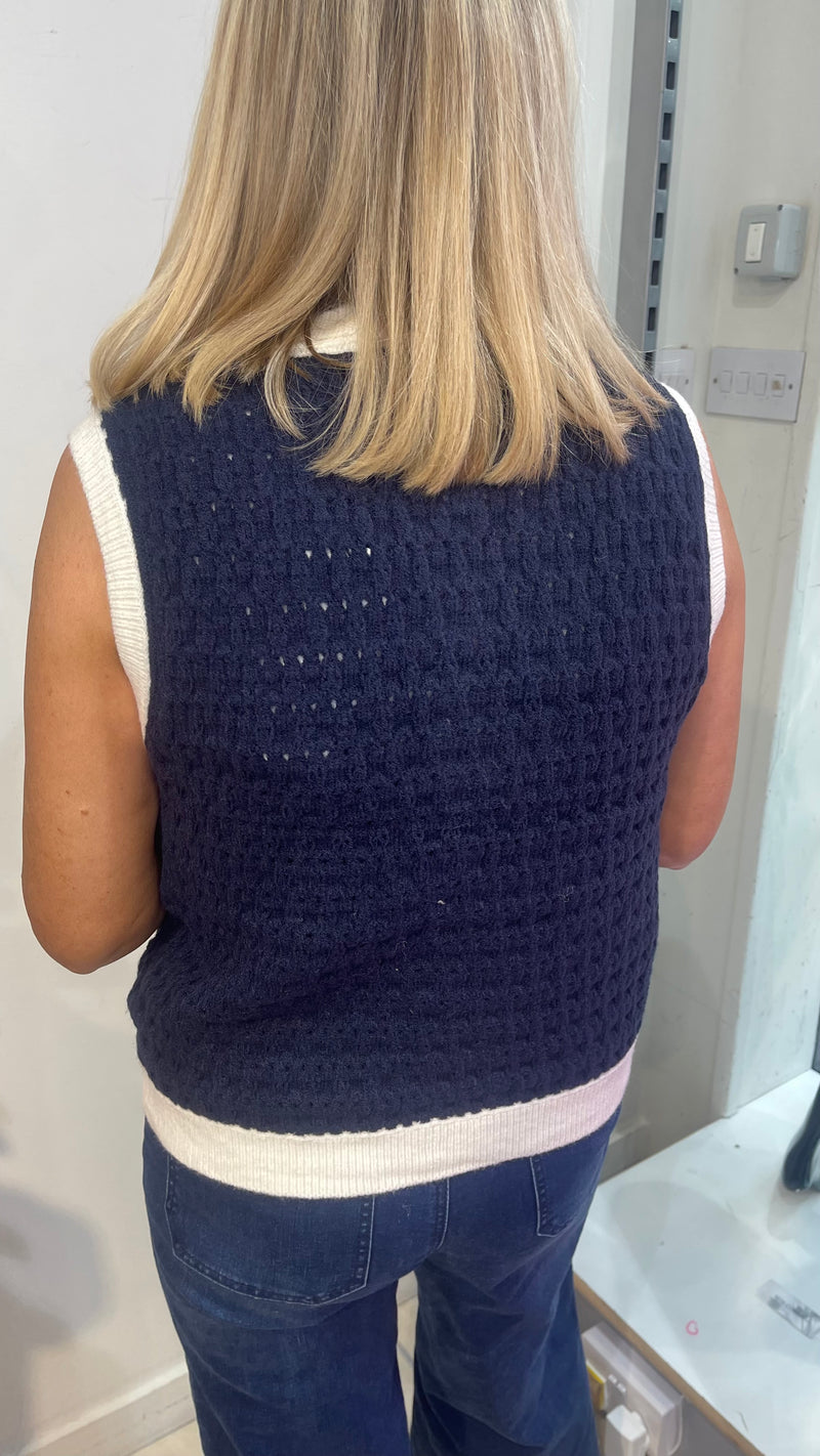 Olivia - Blue/Cream Button Knit Waistcoat