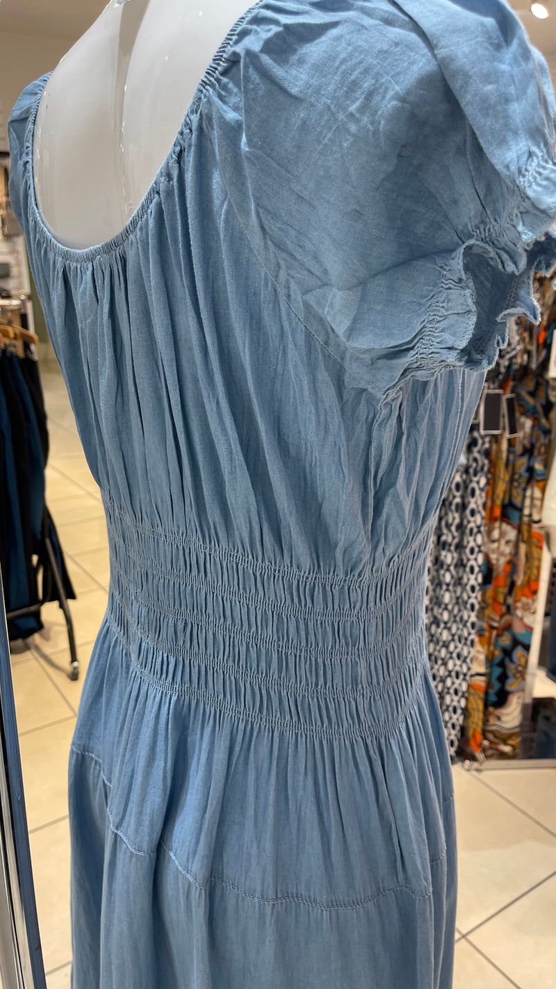 Cassie - Light Denim Chambray Shirred Waist Maxi Dress