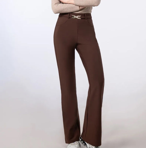 Jill - Brown Buckle Stretch Bootcut Trousers