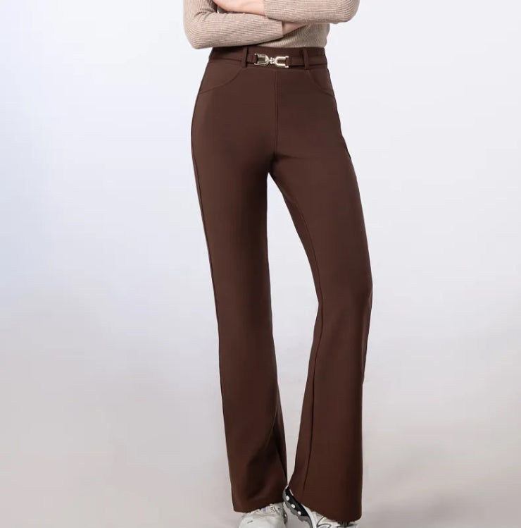 Jill - Brown Buckle Stretch Bootcut Trousers