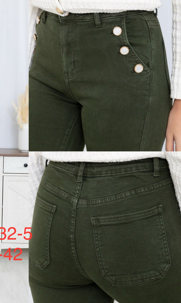 Hannah - Green Pearlised Button Stretch Jean