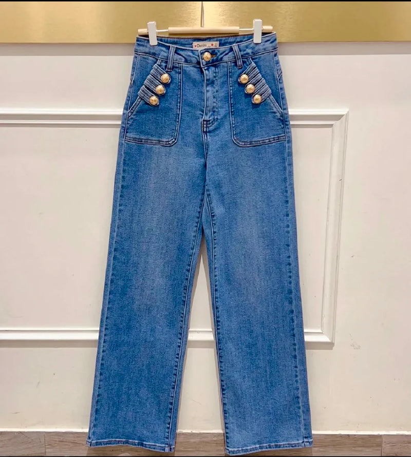 Tess- Blue Button Pocket Denims