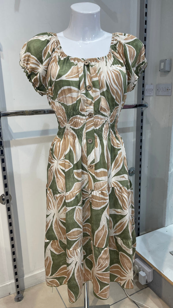 Emma - Green/Beige Button Midi Elastic Waist