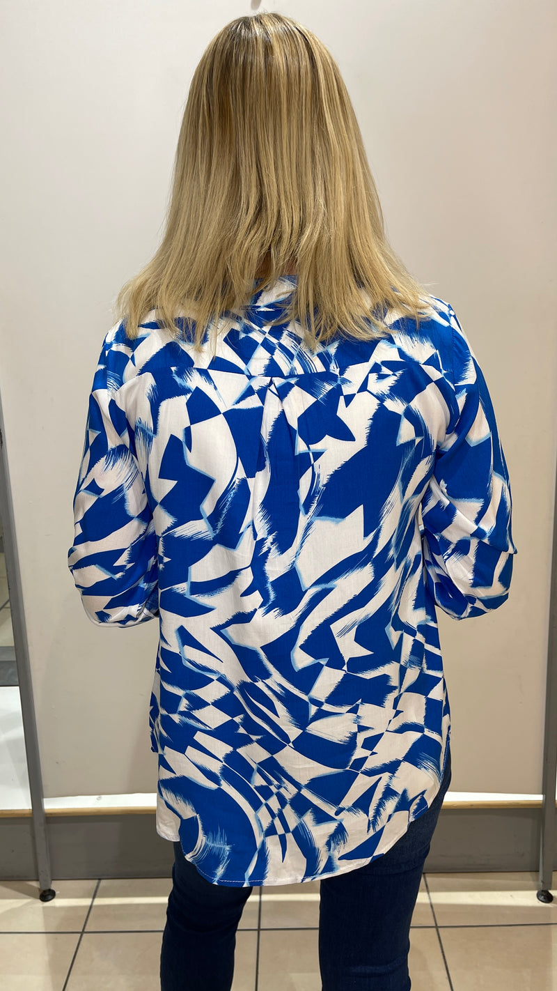 Sam - Blue/White Abstract Print Button Neck Top