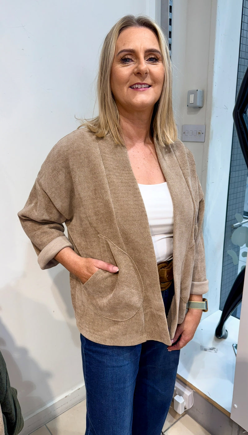 Amber - Light Taupe Ribbed Velvet feel Pocket Jacket