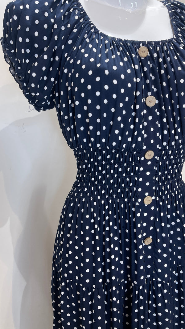 Chloe - Navy Polka Dot Button Maxi Dress